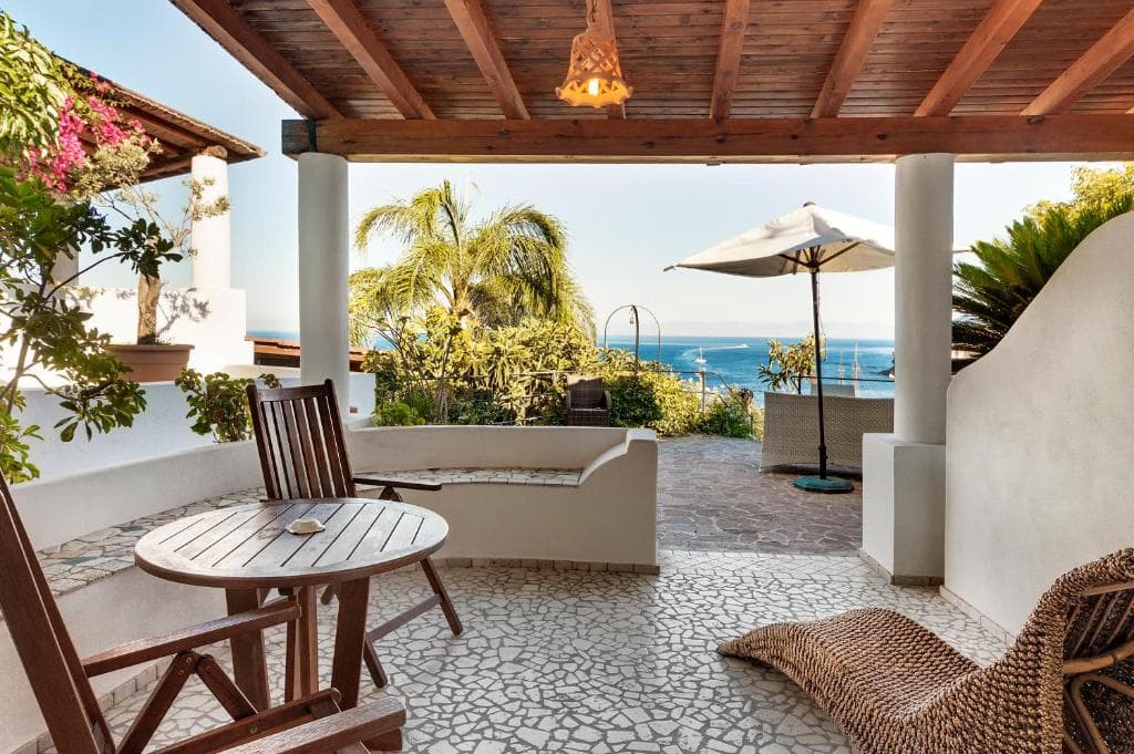 Villa Enrica hotel terrace with sea views, Lipari, Aeolian Islands